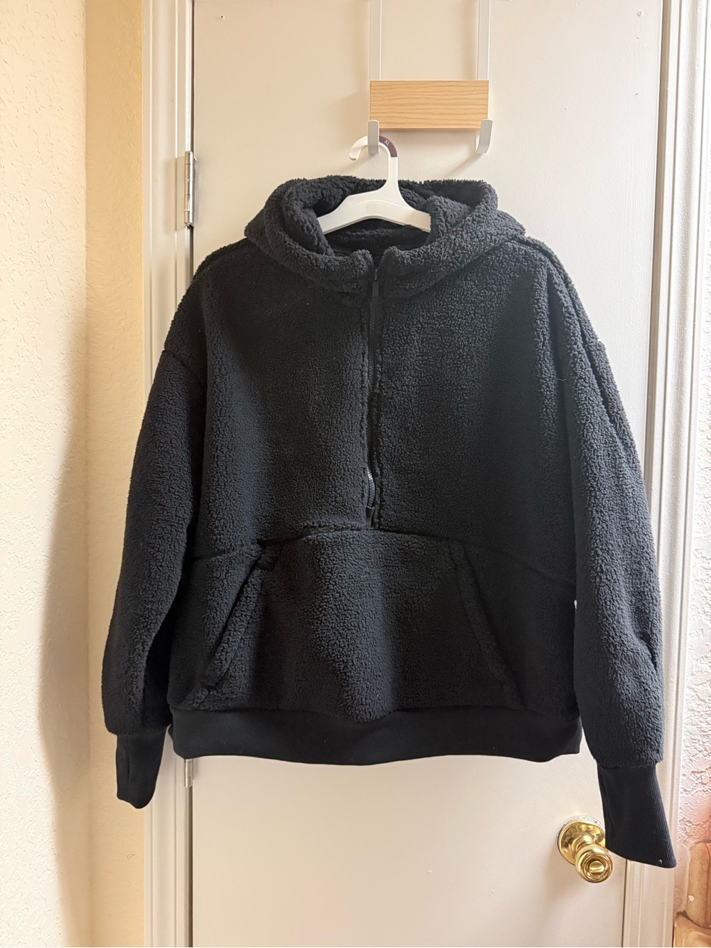 Black Sherpa Hooded Pullover Quarter Zip Pullover - Womens